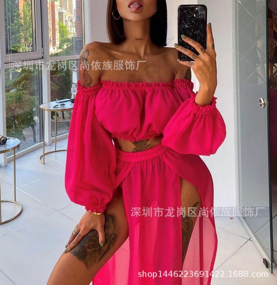 Women's Long Sleeved Solid Color Beach Vacation Sunscreen Suit Two-piece Cover Up Shirt