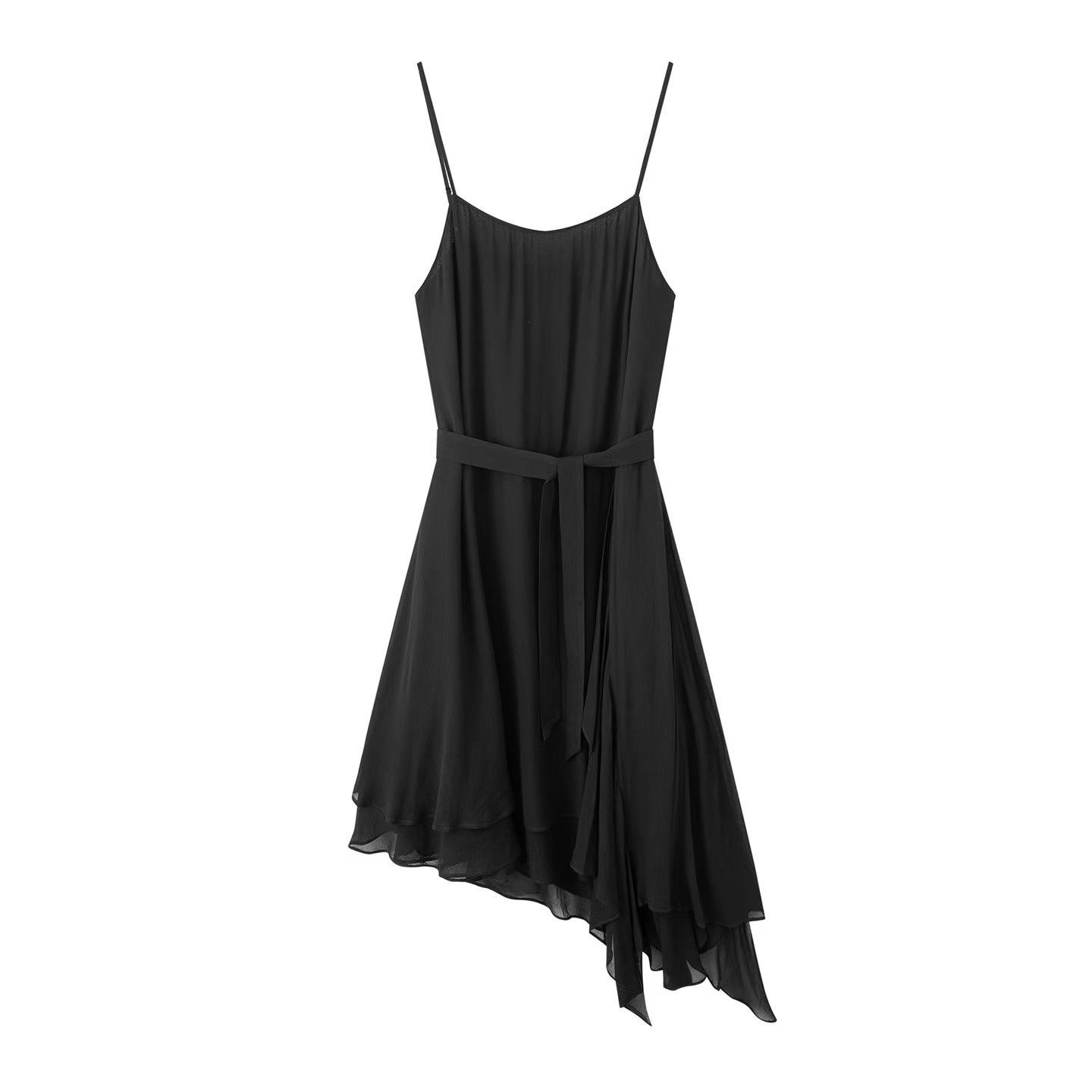 2026 Spring Elegant Ruffled Hem Slimming Spaghetti Strap Dress XL чёрный