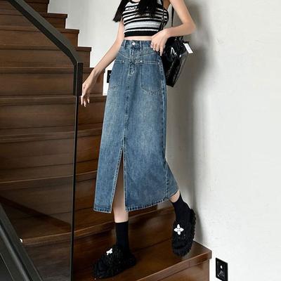 Pocket High-waisted Denim Open Half-body Skirt Casual Cover Meat A-line Medium-length Retro Package Hip Female Comfortable Fashion Denim Bustier Skirt