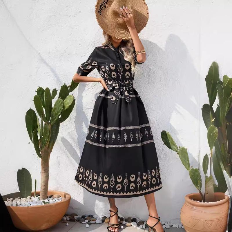 Women's Summer Ethnic Print Five-sleeve Dress