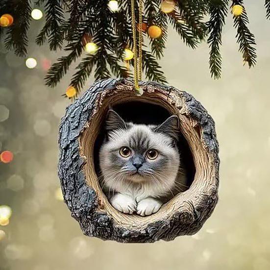 2D Kočičí Dekorace Závěsná Akrylová Kočka v Dírce Stromu Dekorace Ozdoba na Vánoční Stromek pro Milovníka Koček Dárek Slavnostní Dekor