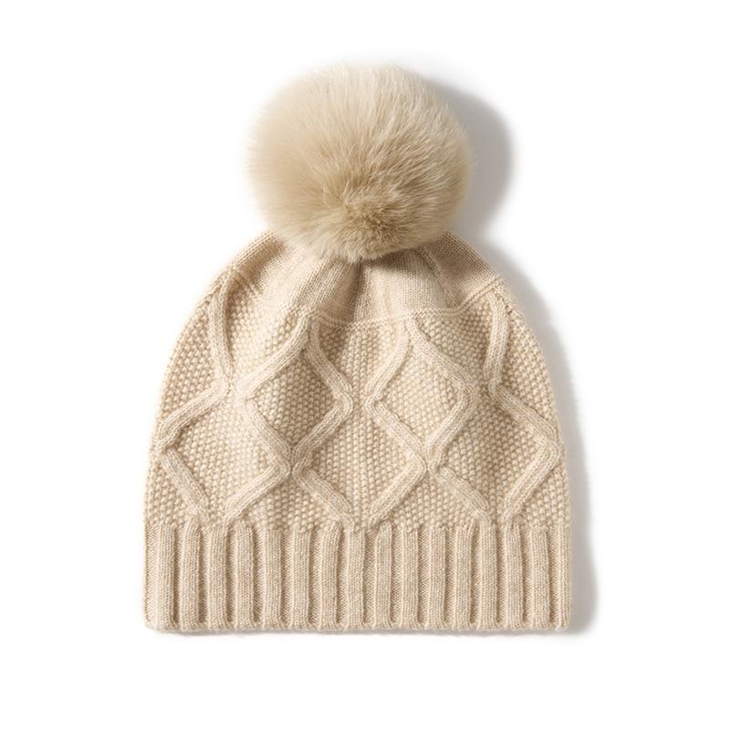 Cashmere Autumn and Winter New Women's Twist Outdoor Warm Diamond Shaped Fur Ball Ear Protection Knitted Casual Hat