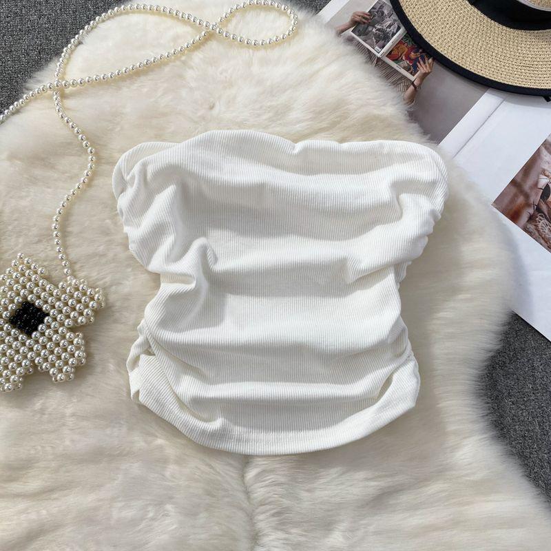 

Лето 2024 Американский Ретро Элегантный Топ-Бандо Жилет Женский Западный Стиль Приталенный Стройнящий Сборчатый Короткий Топ White One size