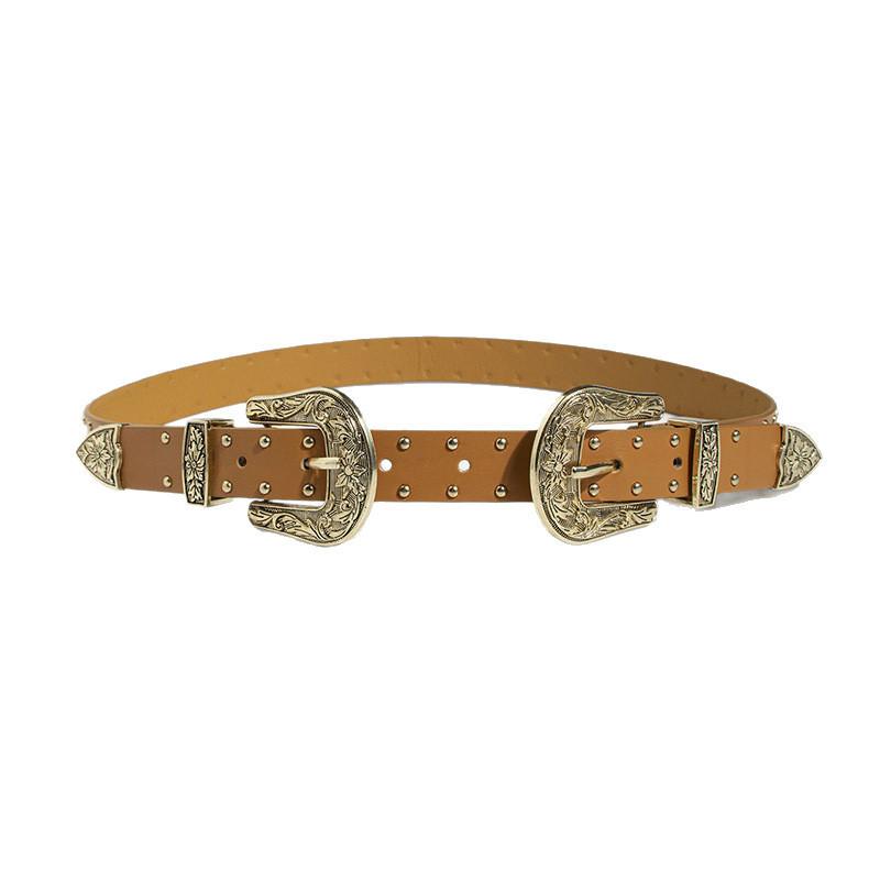 Bohemian Female Leather Belt With Retro Double Buckle And Alloy Clasp For Casual Wear