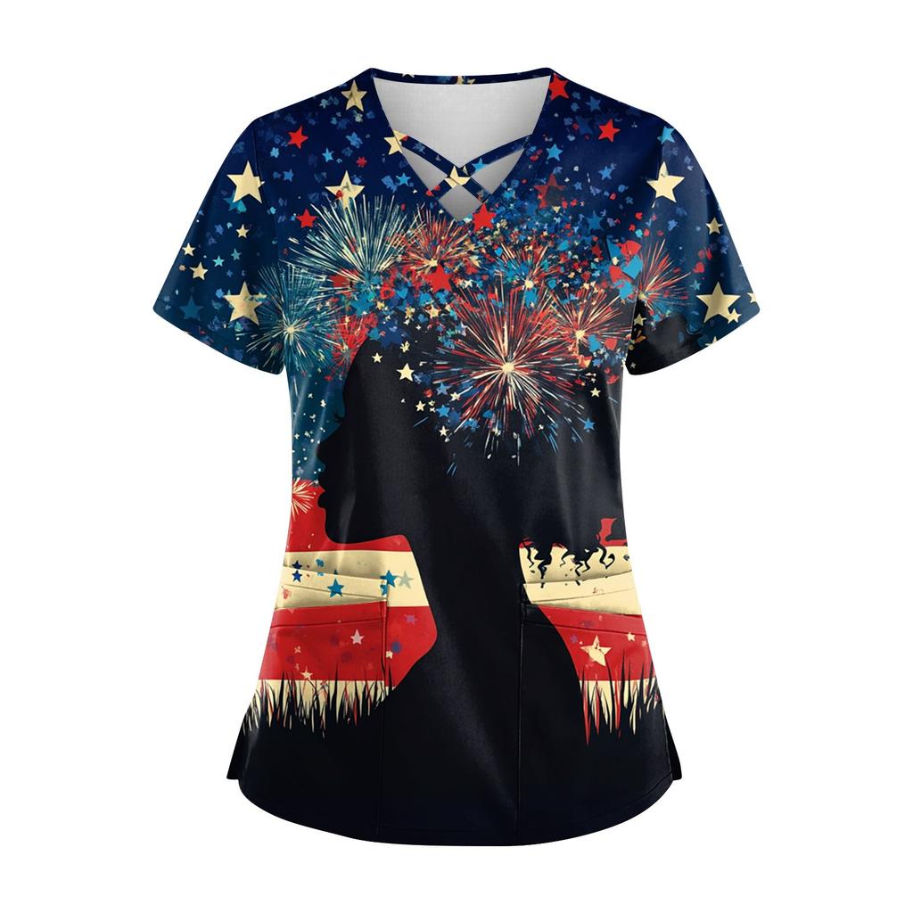 Women's Short Sleeve Stagger V Neck  Print Pocket Dry-nurse Top