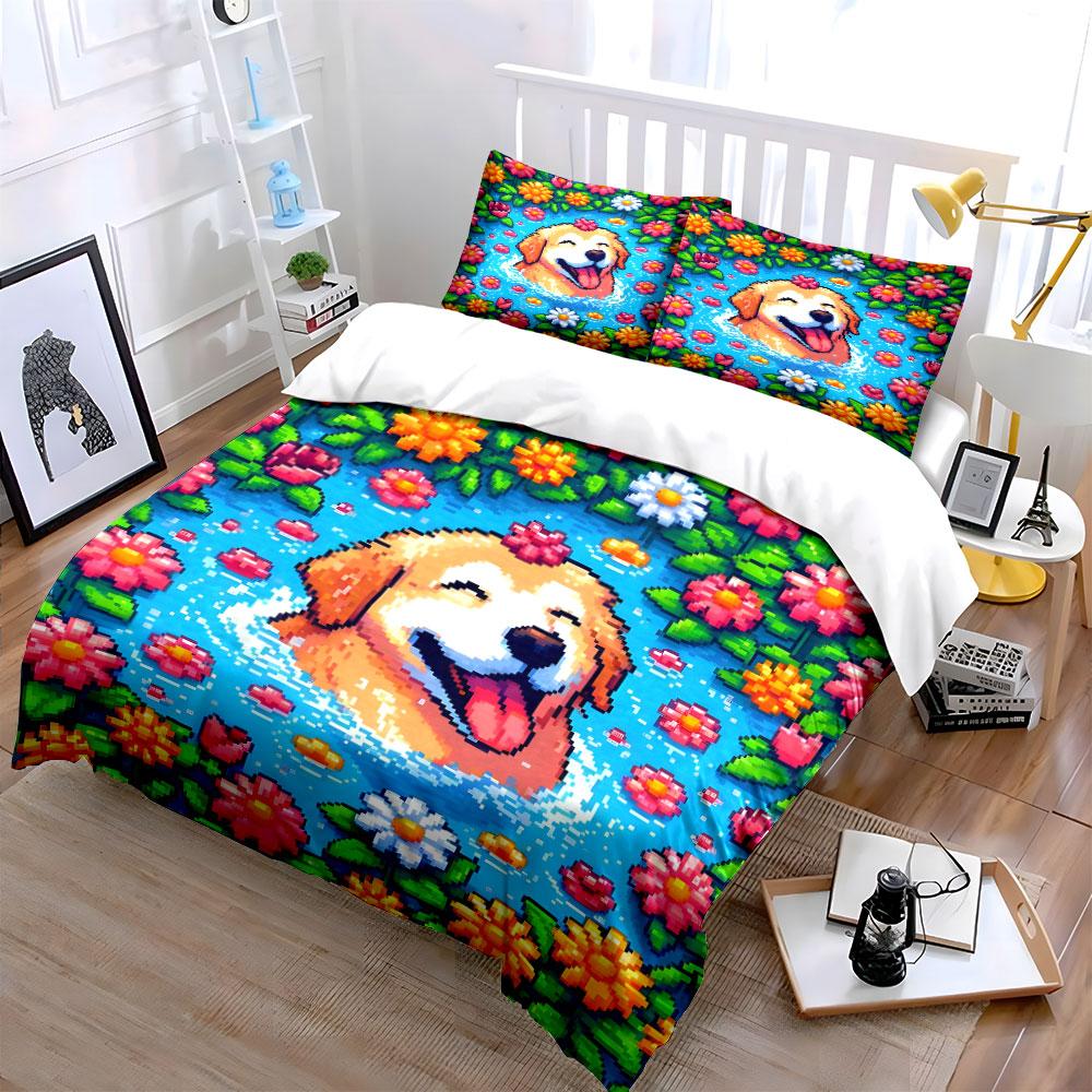 Pixel Golden Retriever Flower Pool Duvet Cover Set, Retro Game Kids Bedding Includes 1 Duvet Cover And 2 Pillowcase, Gift