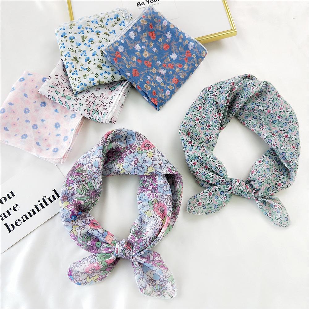 Floral Cotton Linen Silk Scarf: Women's Square Headband for Spring, Summer, Autumn - Korean Fresh Style