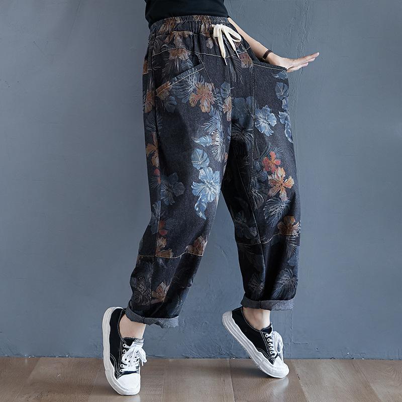 Vintage Print Locker Haremshose Damen Hohe Taille Lässig Tasche Jeanshose Streetwear Mode Jeans