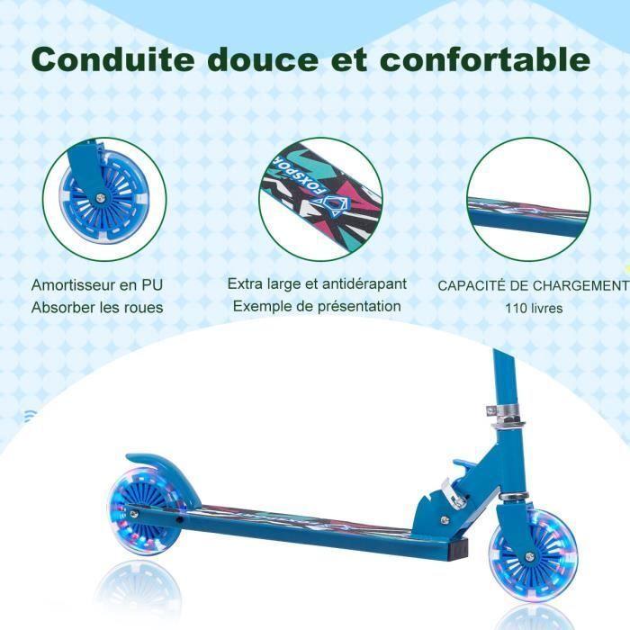 FOXSPORT Trottinette pliante pour enfants avec roues LED, 3 hauteur guidon réglable, trottinette pour enfants avec frein-bleu