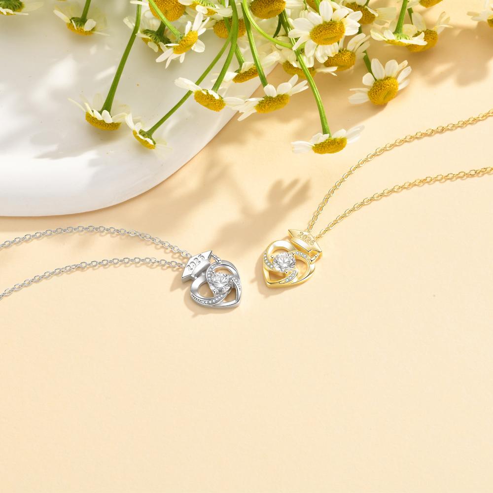 Luxury 14K Gold Plated Heart Graduation Cap Necklace for Women Zircon Pendant Class of 2026 Memorial Jewelry Gift for Daughter