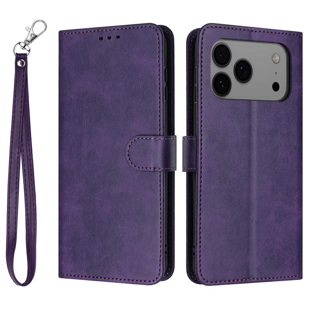 For iPhone 17 Pro Max Case Flip Stand Calf Texture PU Leather Wallet Phone Cover with Strap