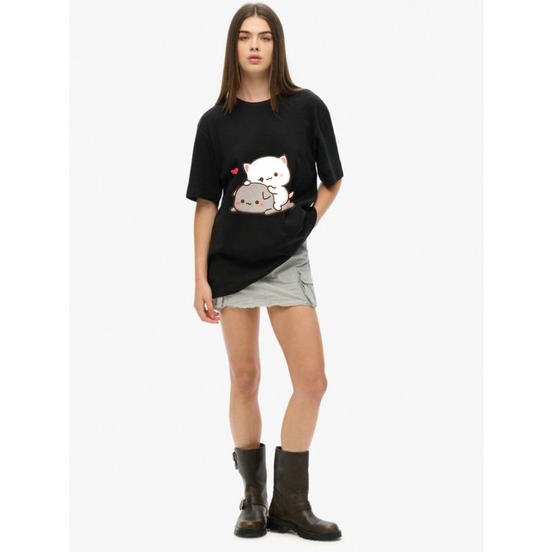 Women's Short-Sleeve T-Shirt with Cute Cartoon Cat & Gray Pet Heart Print