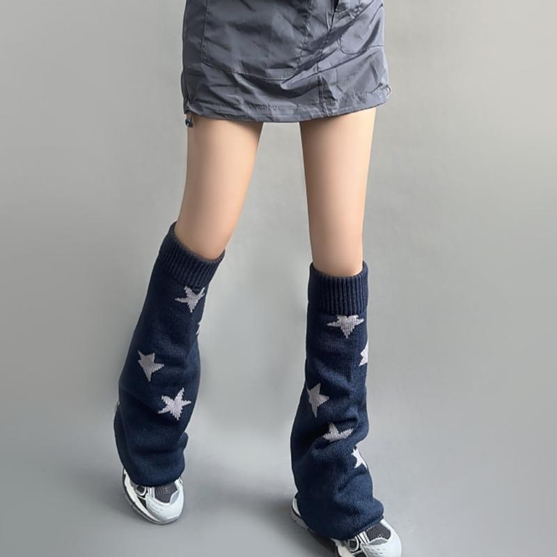 Girls Lolitas Leg Warmers Y2K Star Knitted Flared Leg Sleeves Goth Baggy Cuff Ankle Heap Socks JK Uniform Foot Cover