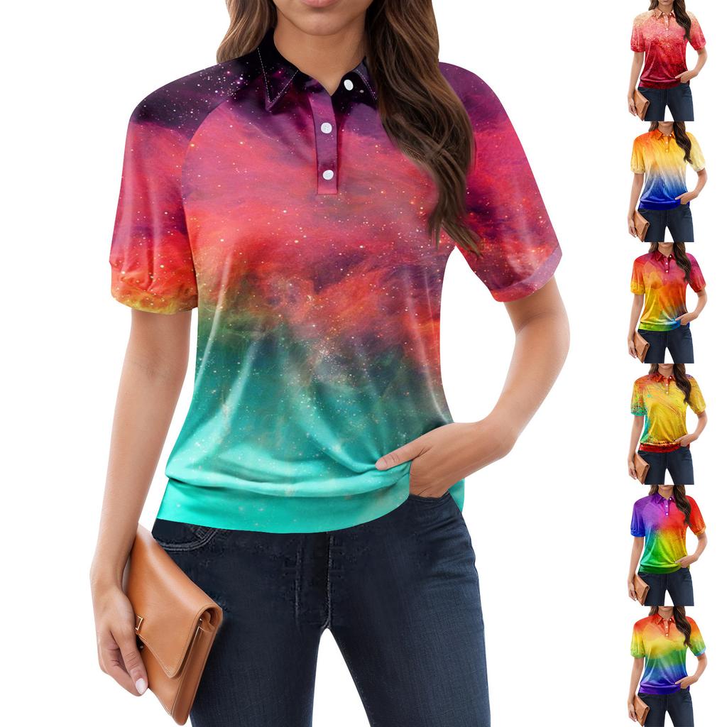 Women's Casual Floral Print V-Neck Short Sleeve Decorative Button T-Shirt Top