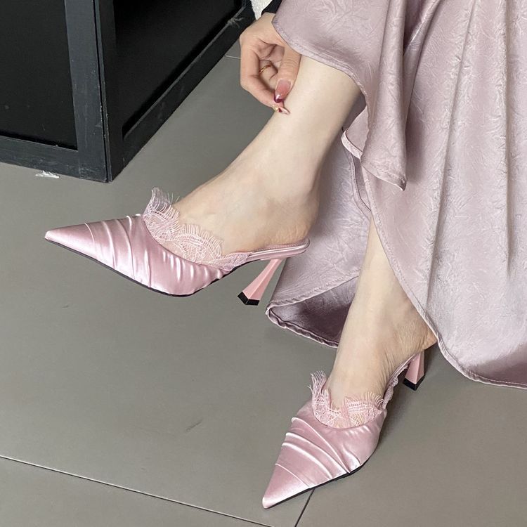 2025 New Sweet Lace Shoe Mouth Fashion Pointed Head Bag Head Half Slippers Thin Heel Sexy Super High and Elegant Fold