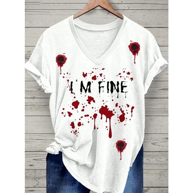 

Women s T Shirt Bloodstain Graphic Letter Vintage Stylish Classic Short Sleeve V Neck Regular Tops 5XL