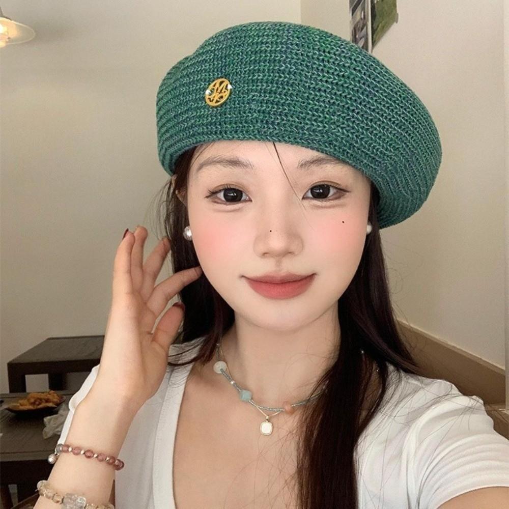 Y2k Hollow Knitted Beret Korean Beanie Cap Fashion Painter Berets Girls