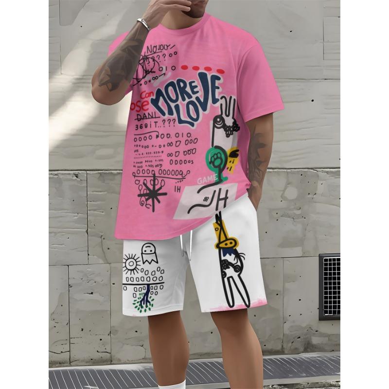 Men s Hip Hop Style Summer Set: Vibrant Pink Shirt with Typography & White Shorts with Sketch Pattern. Cool Street Fashion for Youth & Teens S розовый