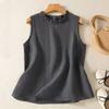 Damen Grüner Baumwoll-Leinen Ärmelloser Weste Rüsche Rundhals Locker Alles Passend Lässig Sommer Basic Tanktop