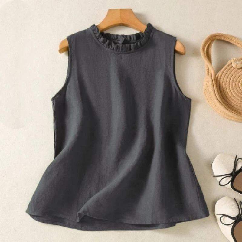 Damen Grüner Baumwoll-Leinen Ärmelloser Weste Rüsche Rundhals Locker Alles Passend Lässig Sommer Basic Tanktop