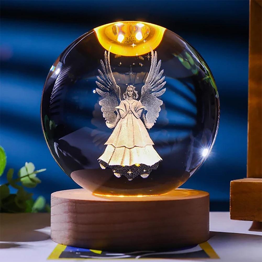 3D Creative Engrave Crystal Ball with Wooden Base USB Charging LED Crystal Ball Night Light Lighted Crystal Ball Art Decoration