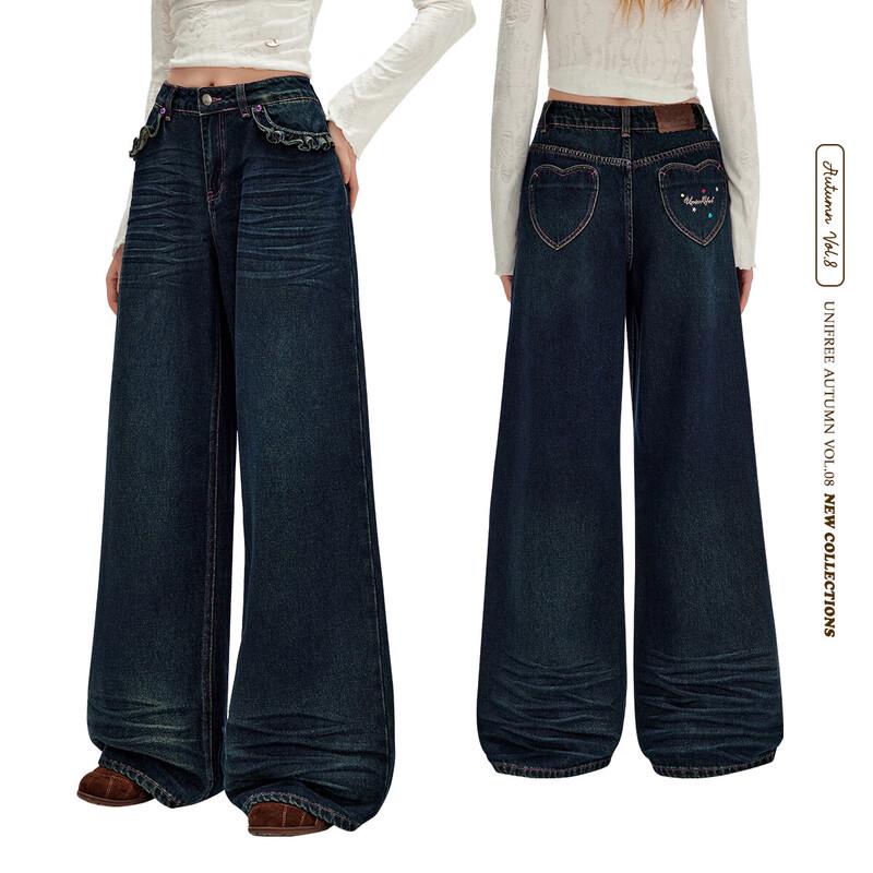 

UNIFREE Women s Y2K Embroidered Wide-Leg Jeans S