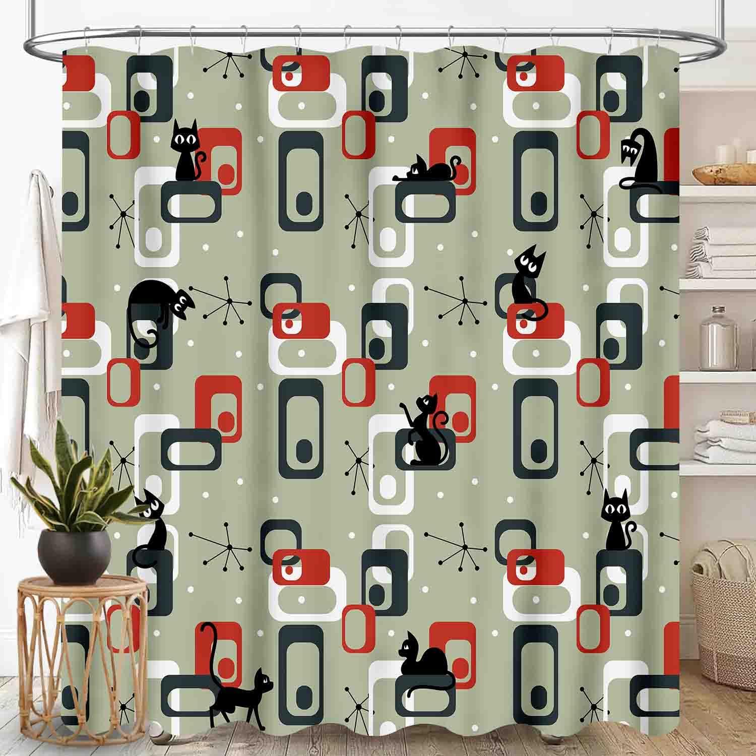 Mid Century Modern Duschvorhang, Rosa Grau Geometrisches Atomares Abstraktes Muster 1950er 1960er Retro Vintage Stil Wasserdichtes Gewebe W60H190(CM)-1 Pcs black