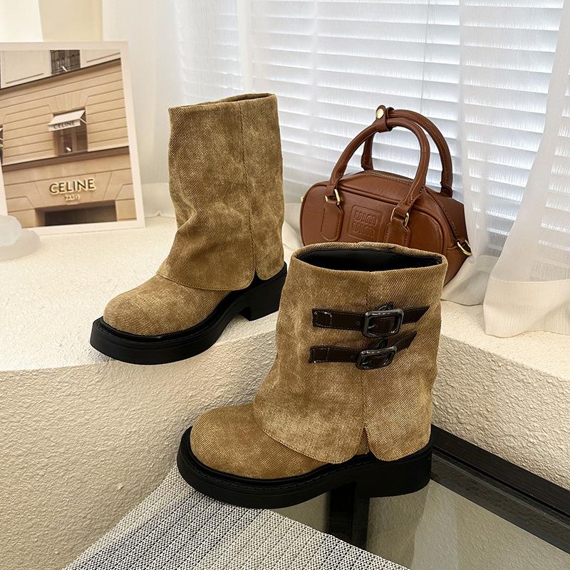 Retro small boots women's new autumn models in 2025 with skirts, long boots, thick-soled height-enhancing and thin knight boots