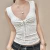 European & American Style Polka Dot Pleated Tie-Up Tank Top with Round Neck, Versatile and Slim Fit
