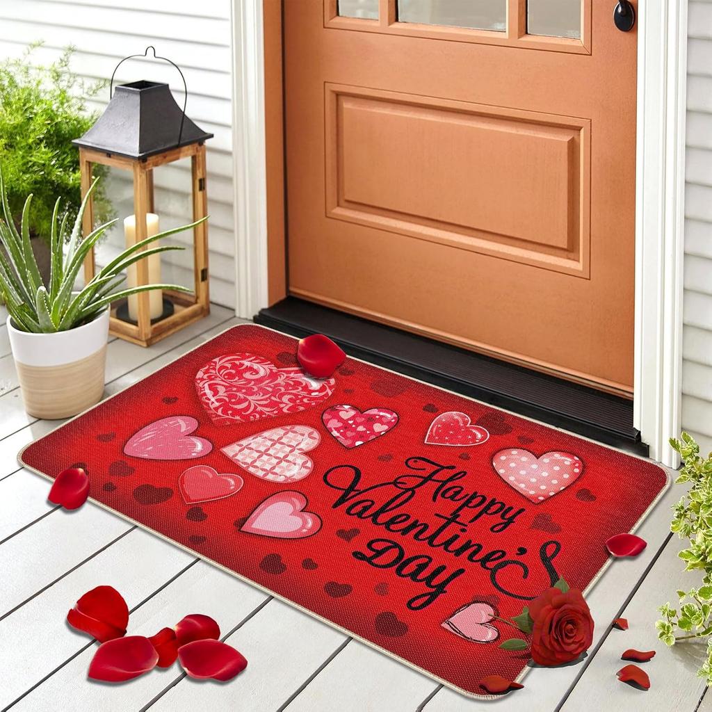 Valentine's Day Doormat Pink Red Heart-shaped Polka Dots Welcome Doormat Living Room Carpet Entrance Porch Decoration Rug