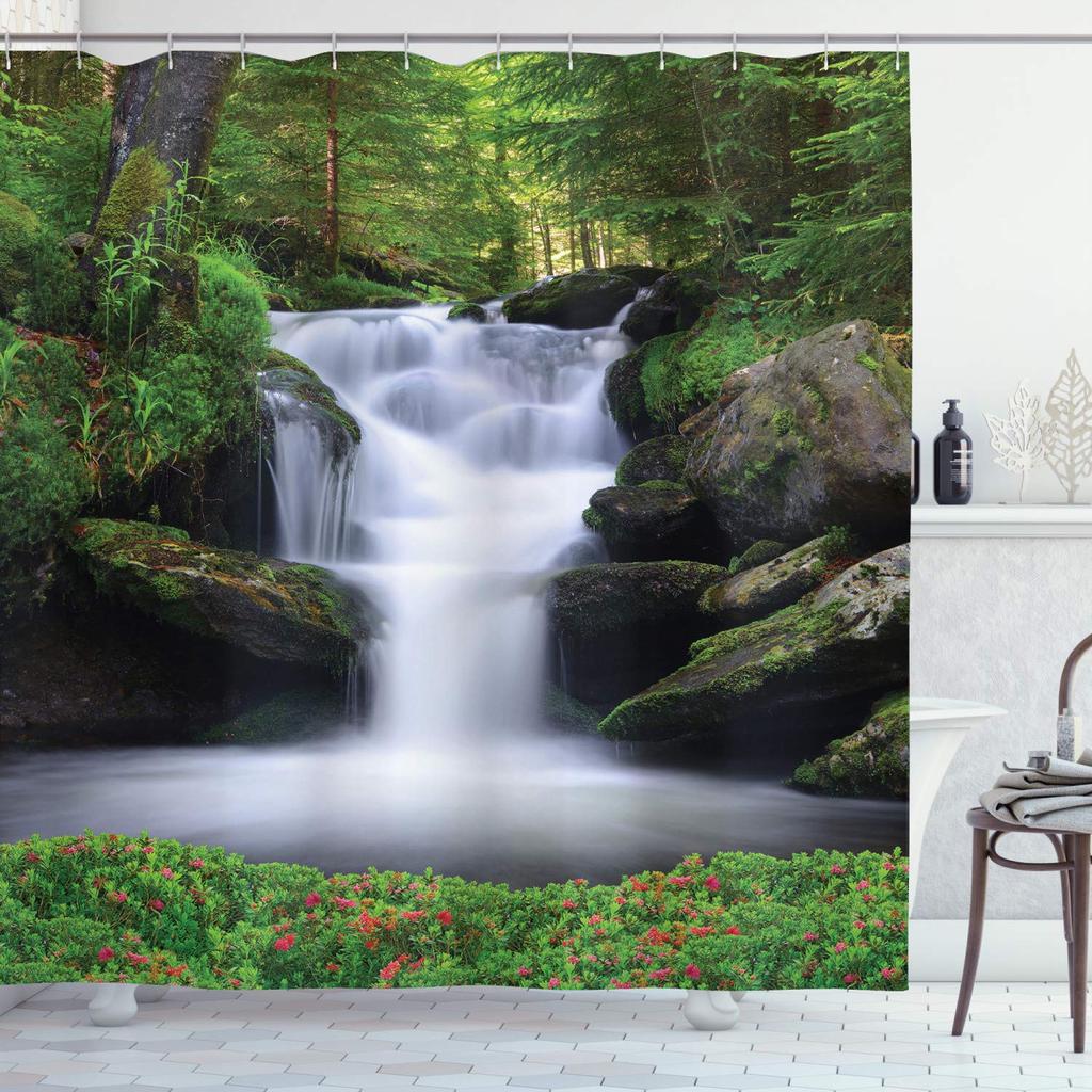 3D Nature Landscape Waterfall Scenery Waterproof Shower Curtain Bathroom Products Creative Polyester Bath Curtain With 12 Hooks