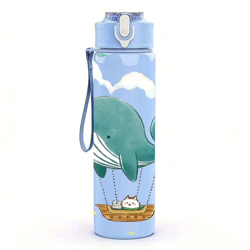1PC Whale Floating Sky Cartoon Print 750ml Color Plastic Sports Water Bottle Leakproof Flip Straw Lid Suitable for Sports Office Home Use