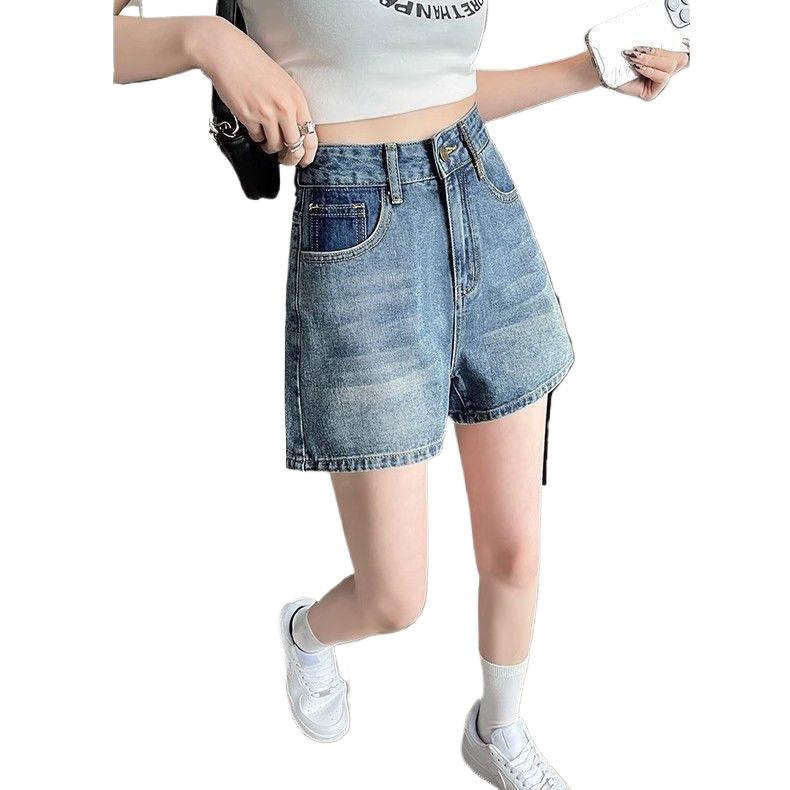 Women's High-Waisted Colorblock Denim Shorts 2025: New Loose A-line Design with Slimming Wide Legs and Pockets.