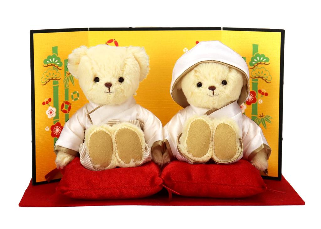 Bear Couple Plush Toys In White Wedding Kimono and White Japanese Wedding Bear [Petit Luu] Hakama, (normal)