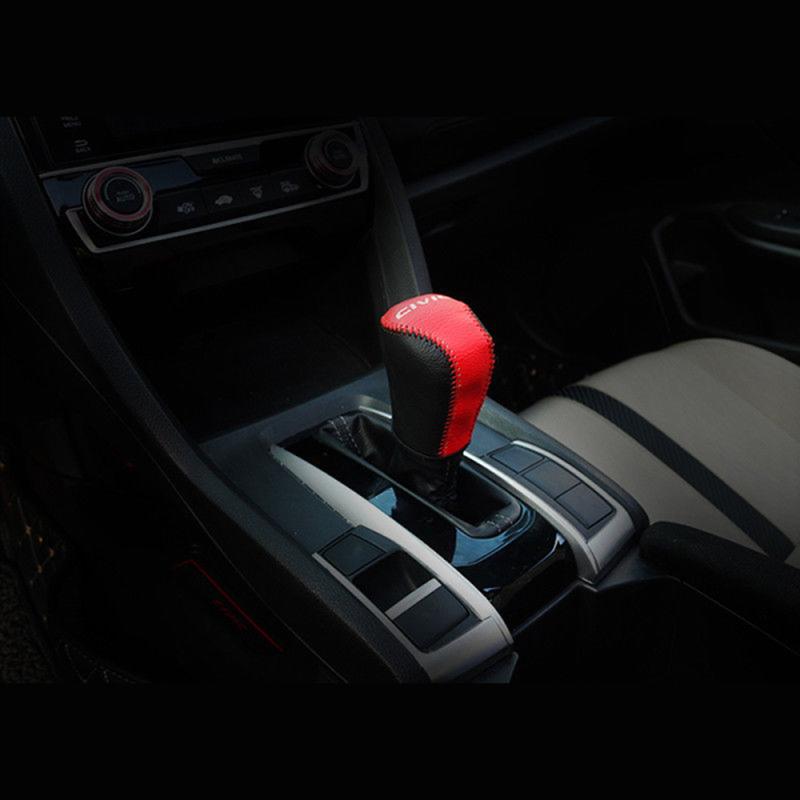 Car Gear Shift Knob Cover Leather Hand Sewing Gear Shift Knob Cover for Honda Civic 2016-2018