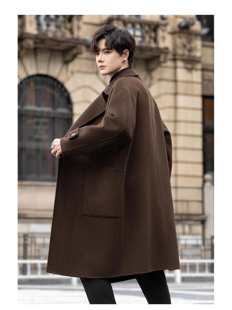 Men's Double-Sided Wool Blend Mid-Length Coat: Thickened Korean-Style Windbreaker for Autumn and Winter.