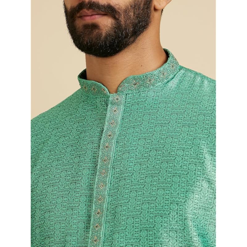 Manyavar Men's Art Silk Intricate Prints & Neck Detailing Kurta Pyjama Set (Green,3XL)