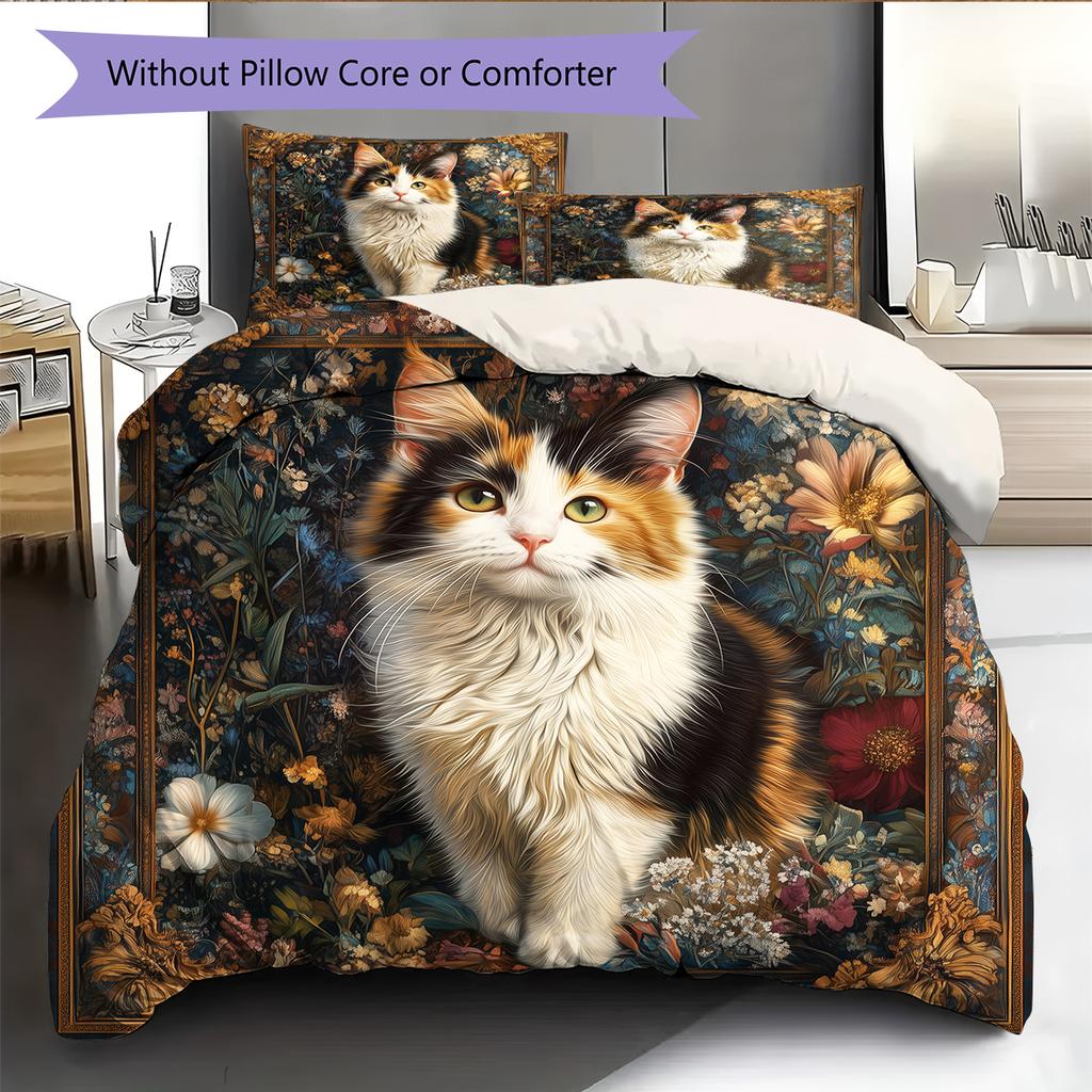 Calico Cat and Fresh Flowers Pattern Bedding Home Decoration Birthday Gift (1 * Duvet Cover + 2 * Pillowcase, Without Core)