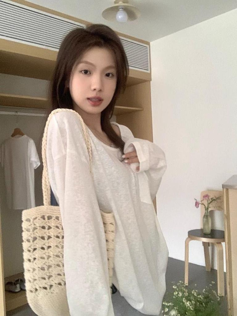 Elegant Sheer White U-Neck Long Sleeve Top - Women's Spring/Fall Loose Fit Cover-Up