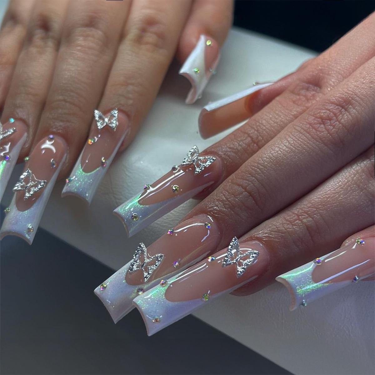 

Butterfly Rhinestone French Tip Wearable White Nails