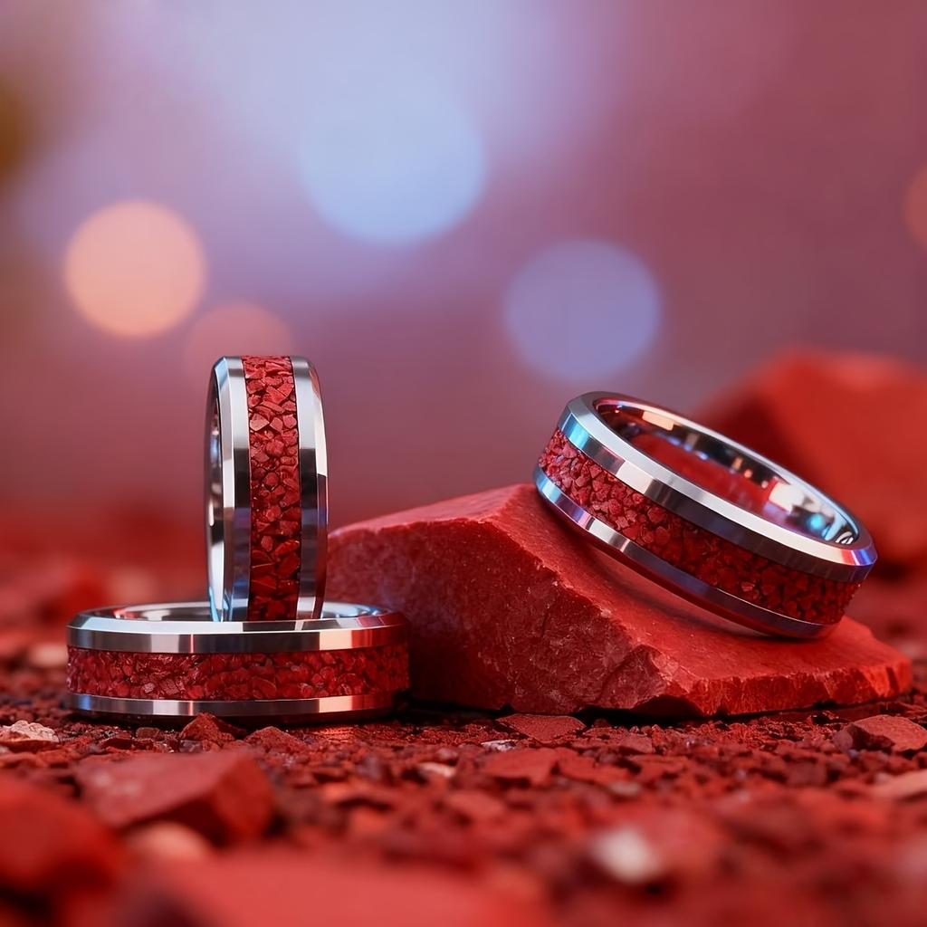 Fashion CopperColor Men Stainless Steel Ring with Red Stone Inlay Rings for Men Women Wedding Jewelry Valentine's Day Gifts