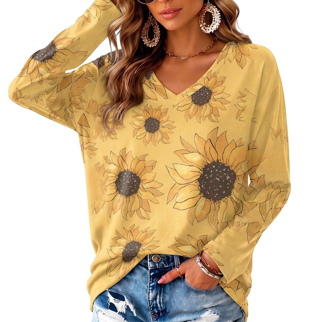 Women's V-Neck Long Sleeve Print Blouse Lightweight for Spring Summer