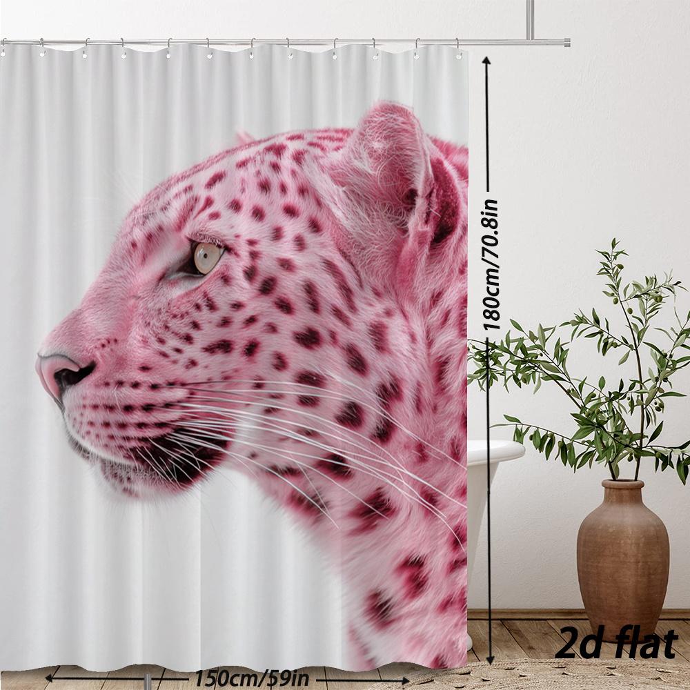 Pink Leopard Shower Curtain – 2D Flat Realistic Print, White Background, Polyester, 12 Hooks, 70.87×70.87 Inch