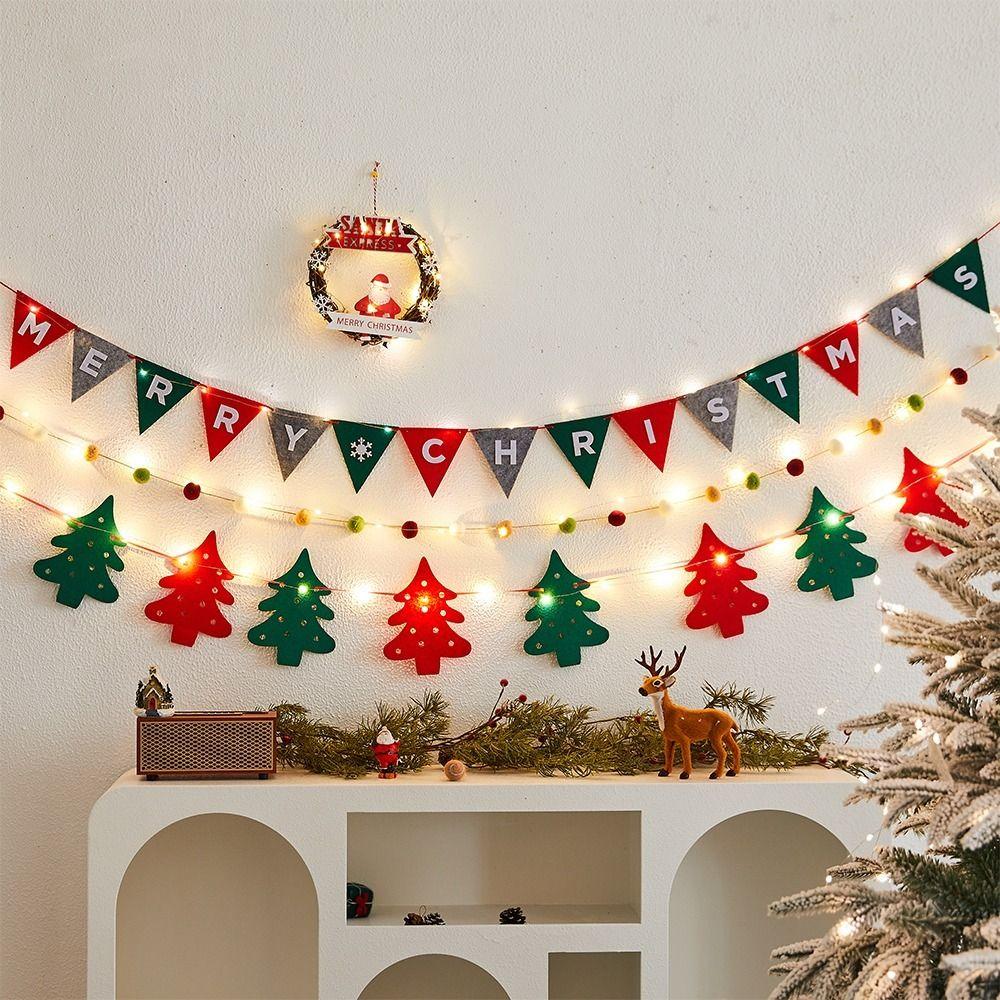 Felt Christmas Banner Elk Design Santa Design Xmas Pull Flag Hanging Ornament Red Green Felt Christmas Banner Wall Decor