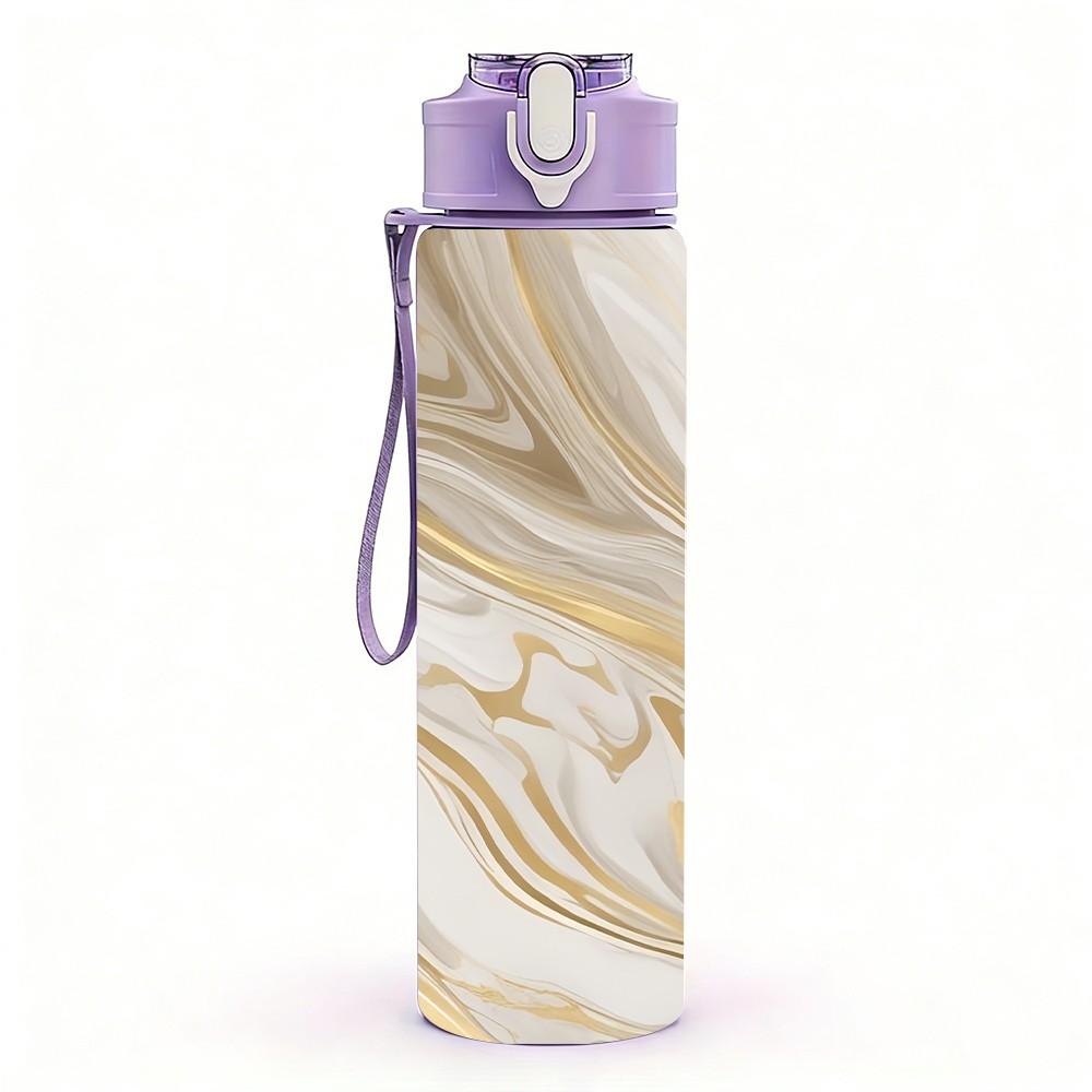 1PC Cream Gold Swirl Marble Pattern 750ml Color Plastic Sports Water Bottle Leakproof Flip Straw Lid Suitable for Sports Office Home Use