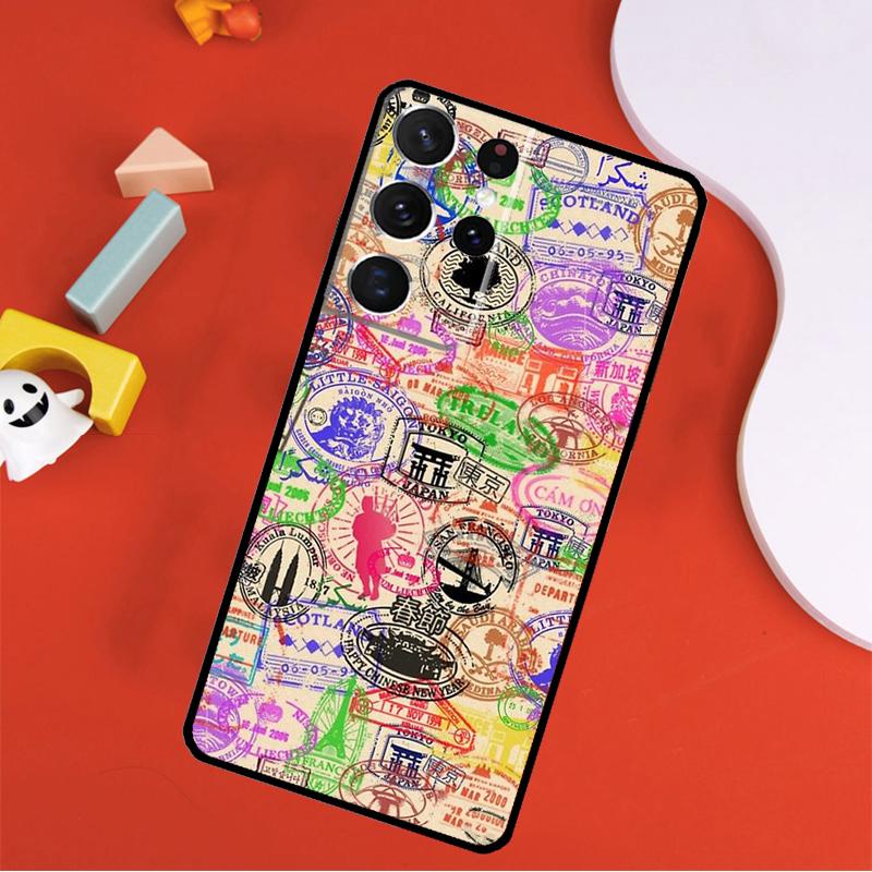 Retro Post Card Passport Stamps Phone Case For Samsung Galaxy S25 Ultra S9 S10 S20 S21 FE S22 S23 S24 Plus S24 Ultra Cover