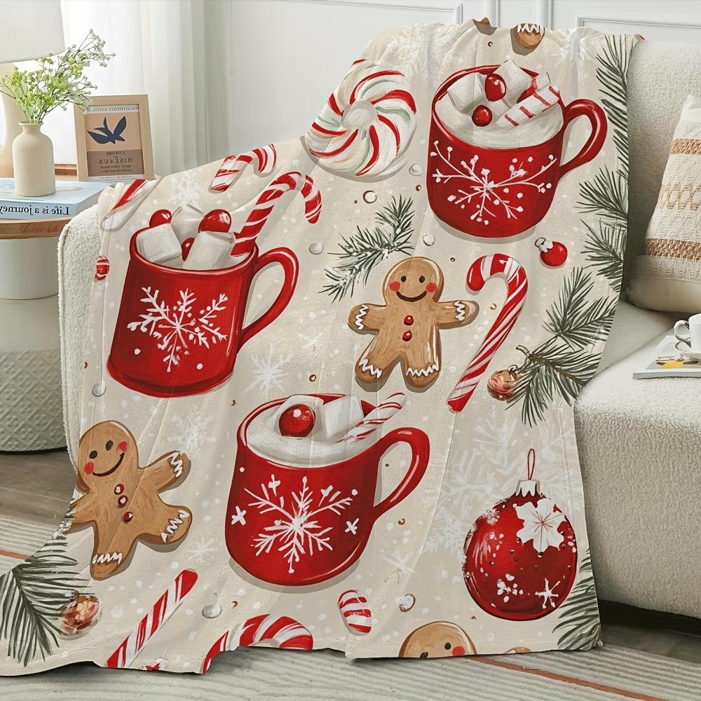 Christmas Cocoa Gingerbread Flannel Blanket - Red & White | Mugs/Candy Canes/Snowflakes | Sofa/Bed/Travel/Office Holiday Use