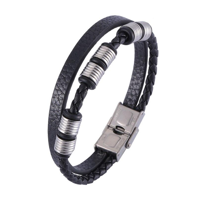 Fine Stainless Steel Jewelry Multi-Layered Men's Black Leather Charm Bracelet HipHop Rock Bangles Christmas Gift