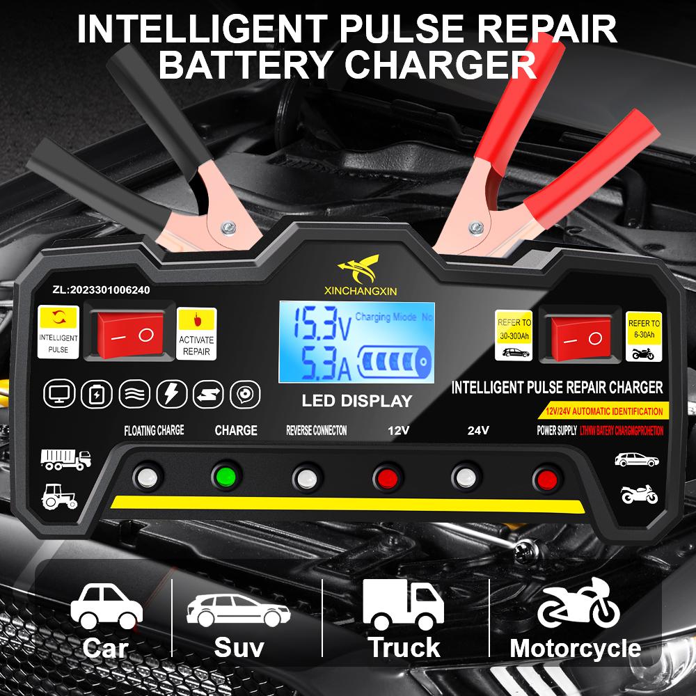 LCD-Display 220W Intelligenter Puls-Reparatur-Batterieladegerät 300AH EU-Stecker Für Nass Trocken Blei-Säure Schnellstrom Vollautomatisches Autobatterieladegerät