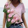 3D Tulip Floral Print T-shirt for Women, V-neck Short Sleeve, Summer Casual Top